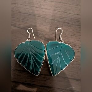 Lovely 925 Silver Trim Green Leaf Earrings